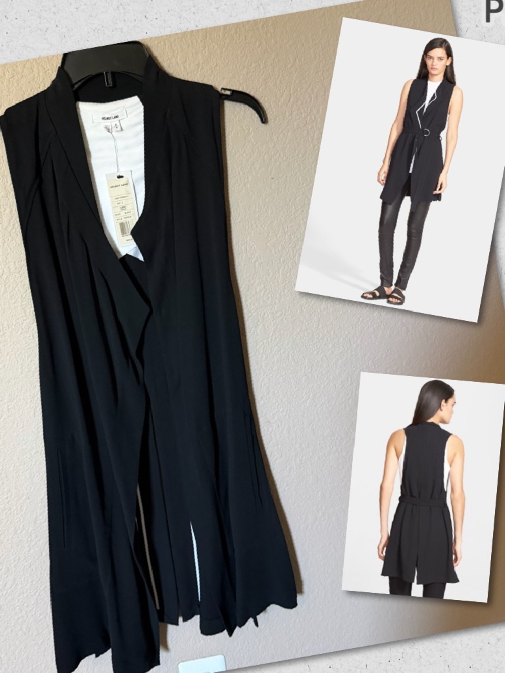 HELMUT LANG Womens Small Black Sleeveless Blazer Long Torsion Vest Duster Belt